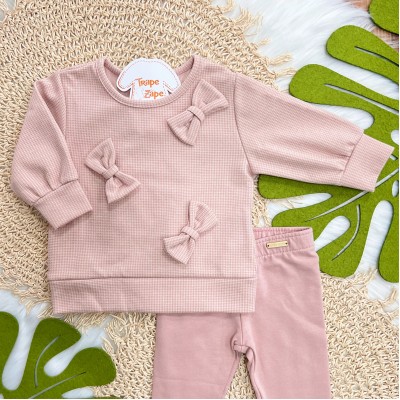 Conj. Blusa Manga Longa Pied-de-Poule Três Laços e Calça Legging - Rose